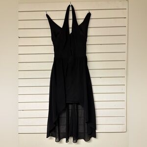 Bebe Womens XS High Low Black Wispy Formal Dress Bridesmaid Halter Peekaboo
